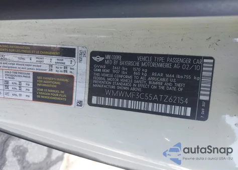 2010 Mini Cooper z USA, uszkodzony, nr VIN WMWMF3C55ATZ62154